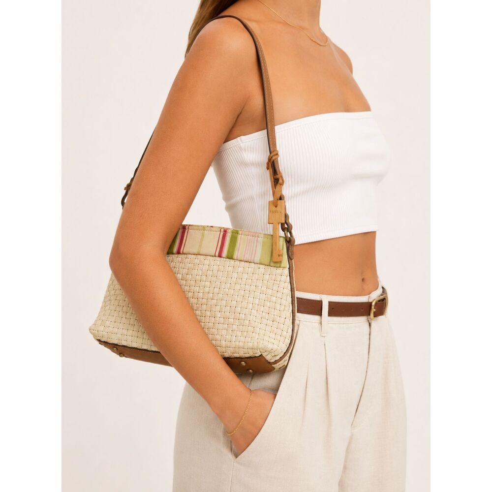 Fossil Woven Straw Shoulder Bag Ivory Tan Leather Y2K Cottagecore Boho Purse